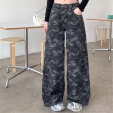 批发美式高街复古<b class='q'>大码</b>胖mm百搭显瘦遮肉宽松<b class='q'>情侣</b><b class='q'>牛仔裤</b>男女迷彩阔腿裤