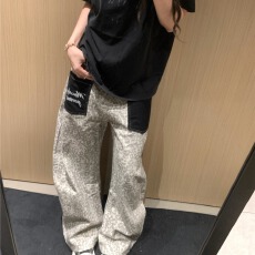 批发美式水洗直筒豹纹弯刀牛仔裤男女宽松前口袋个性百搭情侣拖地长裤