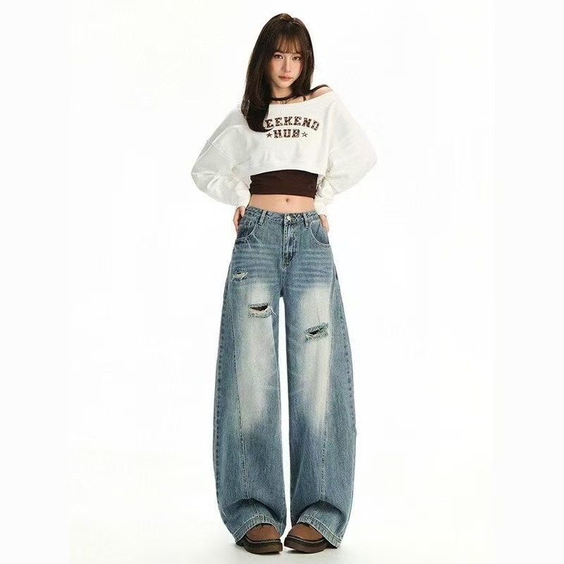 아메리칸 레트로 마 오래된 루즈핏 커플 찢어진 부분 청바지 남녀 봄 여름 새로운 높음 거리 넓은 다리 바닥 청소 스트레이트 팬츠