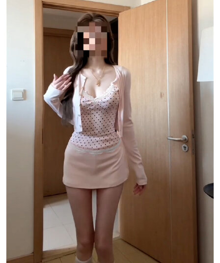 원본 선적 화이트 워터 여성 부드러운 바람 도트 무늬 레이스 슬립 핑크색 오픈 가디건 하이웨이스트 미니 스커트 순수한 욕망 3종 세트