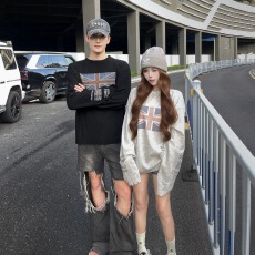 批发美式欧美街头风设计感旗帜印花青年长袖T恤<b class='q'>男</b>女宽松气质情侣上衣
