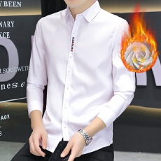 批发加绒加厚微弹衬衫纯色绣花抗皱免烫韩版修身男士衬衣冬季潮流白色