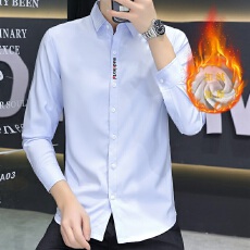 批发加绒加厚微弹衬衫纯色绣花抗皱免烫韩版修身男士衬衣冬季潮流白色