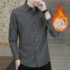 批发加绒加厚微弹衬衫纯色绣花抗皱免烫韩版修身男士衬衣冬季潮流白色