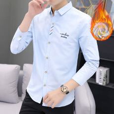 批发加绒加厚微弹衬衫纯色绣花抗皱免烫韩版修身男士衬衣冬季潮流白色