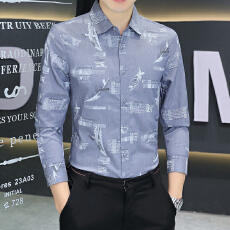 批发弹力衬衫男长袖印花韩版潮男士羽毛花纹衬衣修身<b class='q'>商务</b><b class='q'>休闲</b>男装