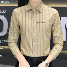 批发弹力<b class='q'>长袖</b><b class='q'>衬衫</b><b class='q'>男</b>潮牌修身韩版潮帅气休闲条纹百搭免烫时尚白色刺绣