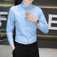 微弹新款韩版长袖衬衫男印花休闲修身衬衣男士帅气潮流男装碎花