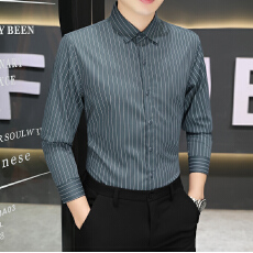 批发秋季新款高品质<b class='q'>商务</b><b class='q'>休闲</b>男长袖衬衫修身免烫弹力经典条纹男士时尚