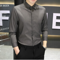批发高品质<b class='q'>商务</b><b class='q'>休闲</b>秋季男长袖衬衫纯色暗门襟韩版修身免烫弹力男士