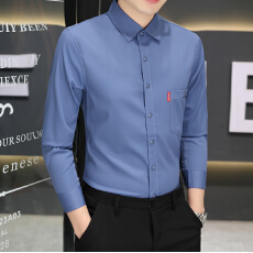 批发<b class='q'>商务</b><b class='q'>休闲</b>秋季新款男长袖衬衫修身免烫弹力纯色男士时尚口袋衬衣