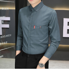 批发<b class='q'>商务</b><b class='q'>休闲</b>秋季新款男长袖衬衫修身免烫弹力纯色男士时尚口袋衬衣