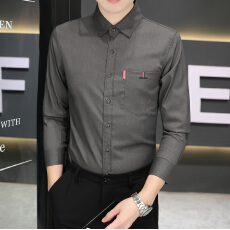 批发<b class='q'>商务</b><b class='q'>休闲</b>秋季新款男长袖衬衫修身免烫弹力纯色男士时尚口袋衬衣