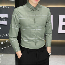 批发高品质<b class='q'>商务</b><b class='q'>休闲</b>秋季长袖衬衫韩版修身弹力男士时尚格子衬衣印花