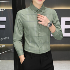 批发弹力<b class='q'>商务</b><b class='q'>休闲</b>秋季新款男长袖衬衫修身格子男士时尚衬衣
