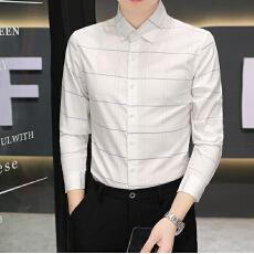 批发弹力<b class='q'>商务</b><b class='q'>休闲</b>秋季新款男长袖衬衫修身格子男士时尚衬衣