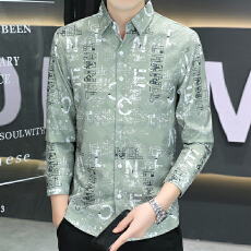 批发实拍微弹新款秋季印花衬衫男长袖潮牌日系ins时尚休闲免烫修身韩