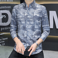 批发实拍微弹新款秋季印花衬衫男长袖潮牌日系ins时尚休闲免烫修身韩