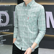 批发微弹新款长袖衬衫男潮韩版修身男士衬衣秋季帅气经典格子时尚免烫