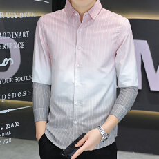 批发男长袖秋季新款衬衫修身型衬衣男士韩版青少年吊染渐变条纹寸衫潮