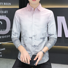 批发衬衫男长袖秋季新款修身型<b class='q'>商务</b><b class='q'>休闲</b>衬衣韩版吊染渐变寸衫潮牌粉红