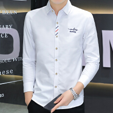 批发实拍秋季新款修身长袖衬衫韩版潮流时尚休闲男百搭超火刺绣白色