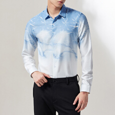 批发长袖衬衫秋季新款修身型衬衣男士韩版修身青少年吊染渐变流行寸衫