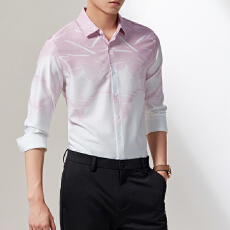 批发长袖衬衫秋季新款修身型衬衣男士韩版修身青少年吊染渐变流行寸衫