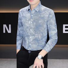批发微弹轻<b class='q'>商务</b>韩版长袖衬衫男印花休闲修身衬衣男士帅气潮流男装碎花
