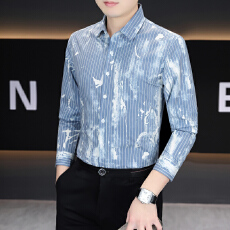 批发微弹轻<b class='q'>商务</b>韩版长袖衬衫男印花休闲修身衬衣男士帅气潮流男装条纹