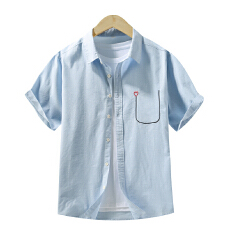 批发弹力日系水洗复古短袖衬衫宽松休闲简约流行百搭刺绣舒适新款衬衣