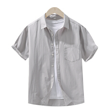 批发纯棉<b class='q'>日系</b>水洗<b class='q'>复古</b>短袖衬衫宽松商务休闲简约流行百搭舒适纯色衬衣