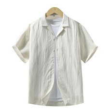 批发天丝亚麻<b class='q'>西装</b>领短袖衬衫宽松简约流行百搭纯色新款夏季古巴领衬衣