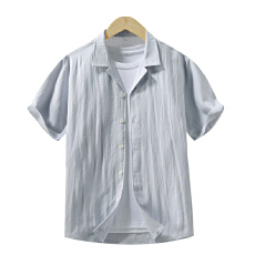 批发天丝亚麻<b class='q'>西装</b>领短袖衬衫宽松简约流行百搭纯色新款夏季古巴领衬衣