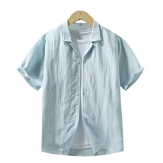 批发天丝亚麻<b class='q'>西装</b>领短袖衬衫宽松简约流行百搭纯色新款夏季古巴领衬衣