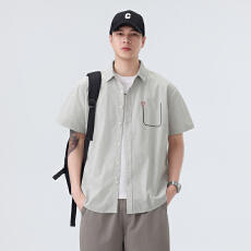 批发弹力日系水洗复古短袖衬衫宽松休闲简约流行百搭刺绣舒适新款衬衣