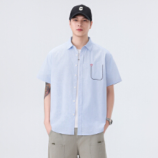 批发弹力<b class='q'>日系</b>水洗<b class='q'>复古</b>短袖衬衫宽松休闲简约流行百搭刺绣舒适新款衬衣