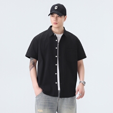 批发纯棉<b class='q'>日系</b>水洗<b class='q'>复古</b>短袖衬衫宽松商务休闲简约流行百搭舒适纯色衬衣