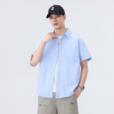 批发纯棉<b class='q'>日系</b>水洗<b class='q'>复古</b>短袖衬衫宽松商务休闲简约流行百搭舒适纯色衬衣