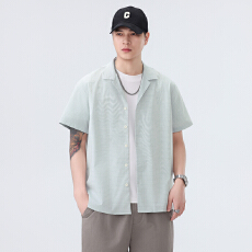 批发弹力水洗复古短袖<b class='q'>西装</b>领衬衫宽松<b class='q'>休闲</b>简约流行新款古巴领夏季衬衣