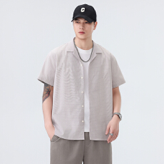 批发弹力水洗复古短袖<b class='q'>西装</b>领衬衫宽松<b class='q'>休闲</b>简约流行新款古巴领夏季衬衣