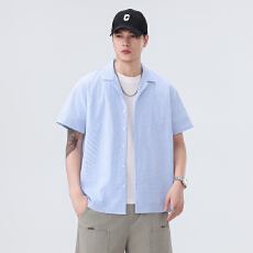 批发弹力水洗复古短袖<b class='q'>西装</b>领衬衫宽松<b class='q'>休闲</b>简约流行新款古巴领夏季衬衣