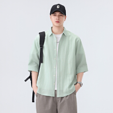 批发天丝亚麻中袖衬衫宽松休闲简约流行百搭舒适纯色上衣新款夏季衬衣