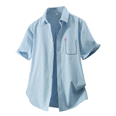 批发弹力日系水洗复古短袖衬衫宽松休闲简约流行百搭刺绣舒适新款衬衣