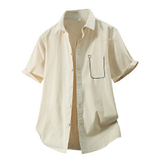 批发弹力日系水洗复古短袖衬衫宽松休闲简约流行百搭刺绣舒适新款衬衣