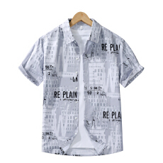 批发实拍弹力夏季短袖衬衫<b class='q'>男士</b>冰丝免烫修身痞帅气ins潮牌休闲印花