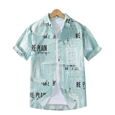 批发实拍弹力夏季短袖衬衫<b class='q'>男士</b>冰丝免烫修身痞帅气ins潮牌休闲印花