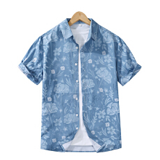 批发实拍冰丝弹力夏季印花短袖潮牌日系半袖寸衣服休闲免烫<b class='q'>男士</b>衬衣