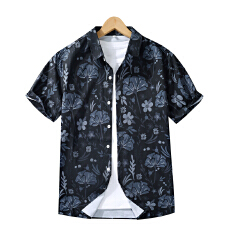 批发实拍冰丝弹力夏季印花短袖潮牌日系半袖寸衣服休闲免烫<b class='q'>男士</b>衬衣