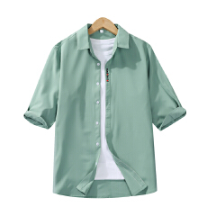 批发实拍弹力冰丝七分袖衬衫<b class='q'>男士</b>中袖衬衣刺绣抗皱免烫夏季薄款修身韩